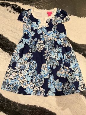 Lily Pulitzer Girls Navy Blue Floral Bow-Front Louise Dress